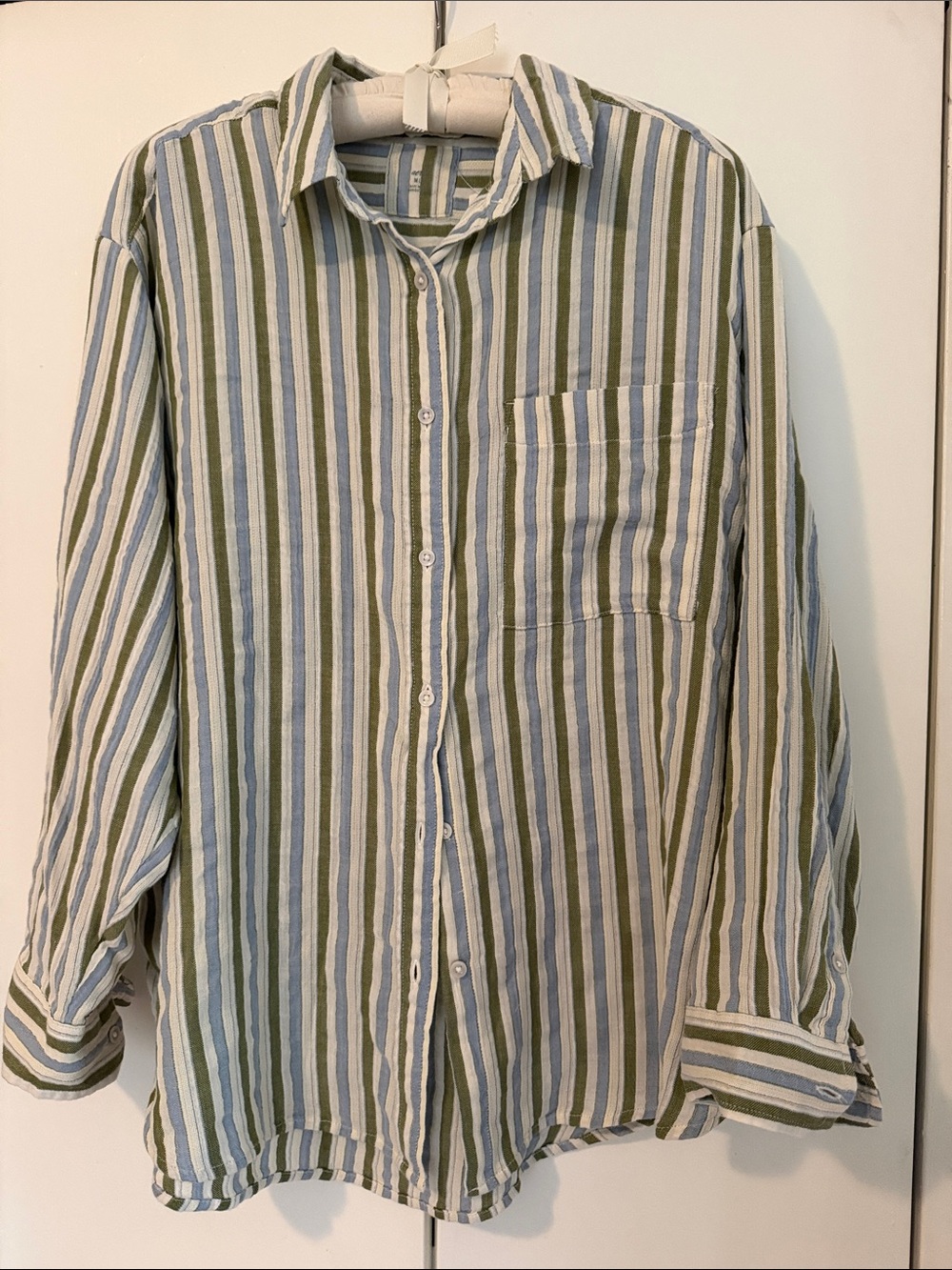 aerie Olive Green, Blue and White Striped Button-Down Shirt (NWT)